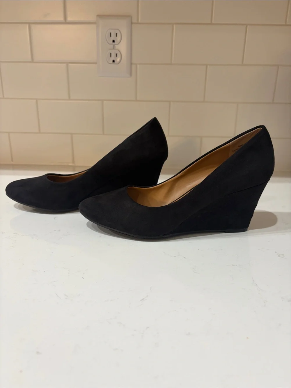 attention Black Suede Wedge Pumps